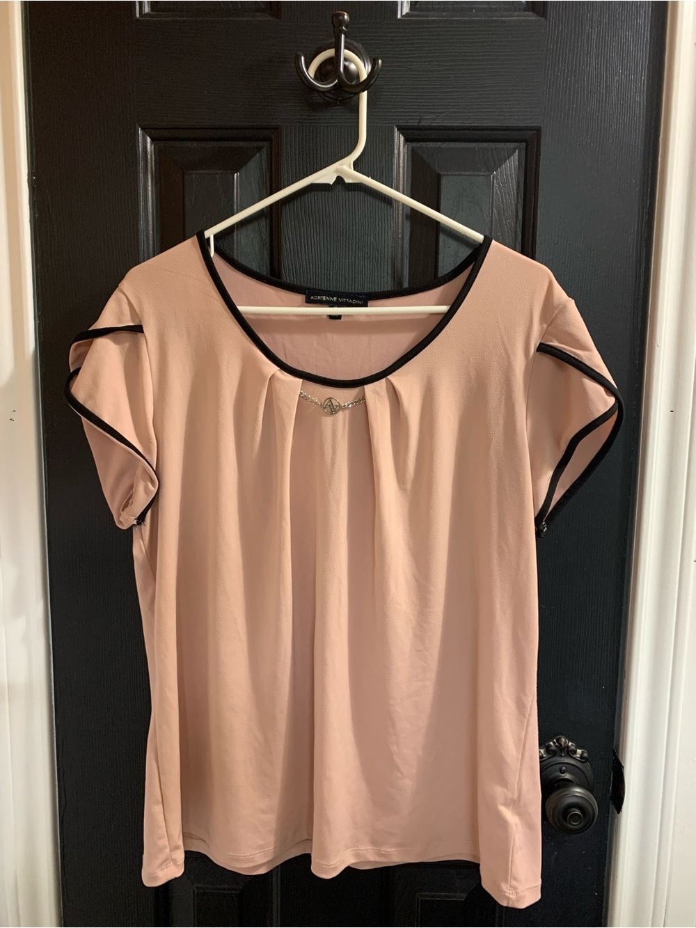 Adrienne Vittadini Blush Pink Short Sleeve Blouse with Black Trim